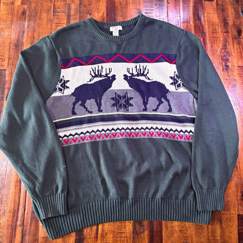 Dockers Men’s XXL Sweater Vintage 1990s Moose Fair Isle 100% Cotton Knit
